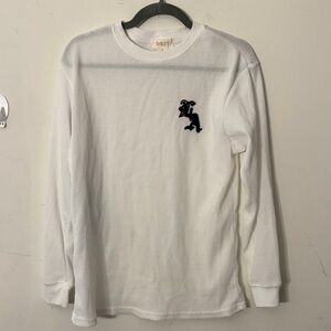 White Long-Sleeve Waffle Knit Shirt with Embroidered Logo